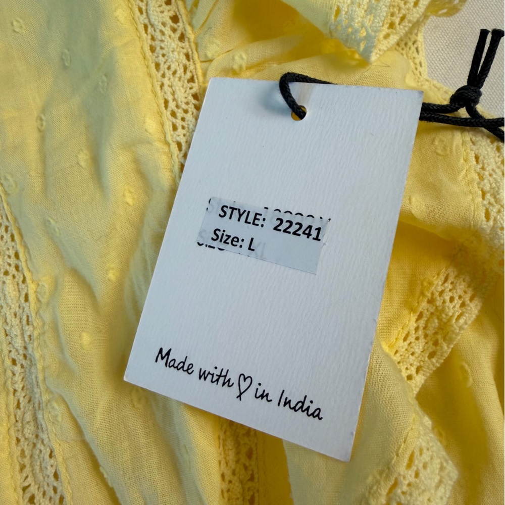 Japna Butter Yellow Swiss Dot Ruffled Cap Sleeve Lace Trim Tiered Mini Dress L - Picture 8 of 14
